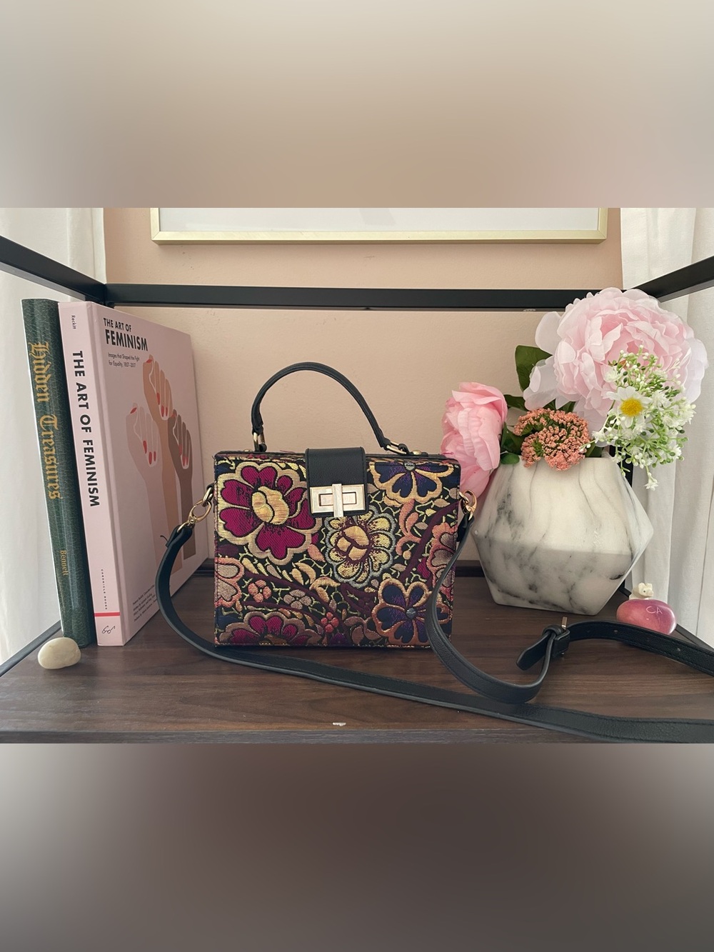 Free People Floral Embroidered Top-Handle Satchel in Black and Multicolor